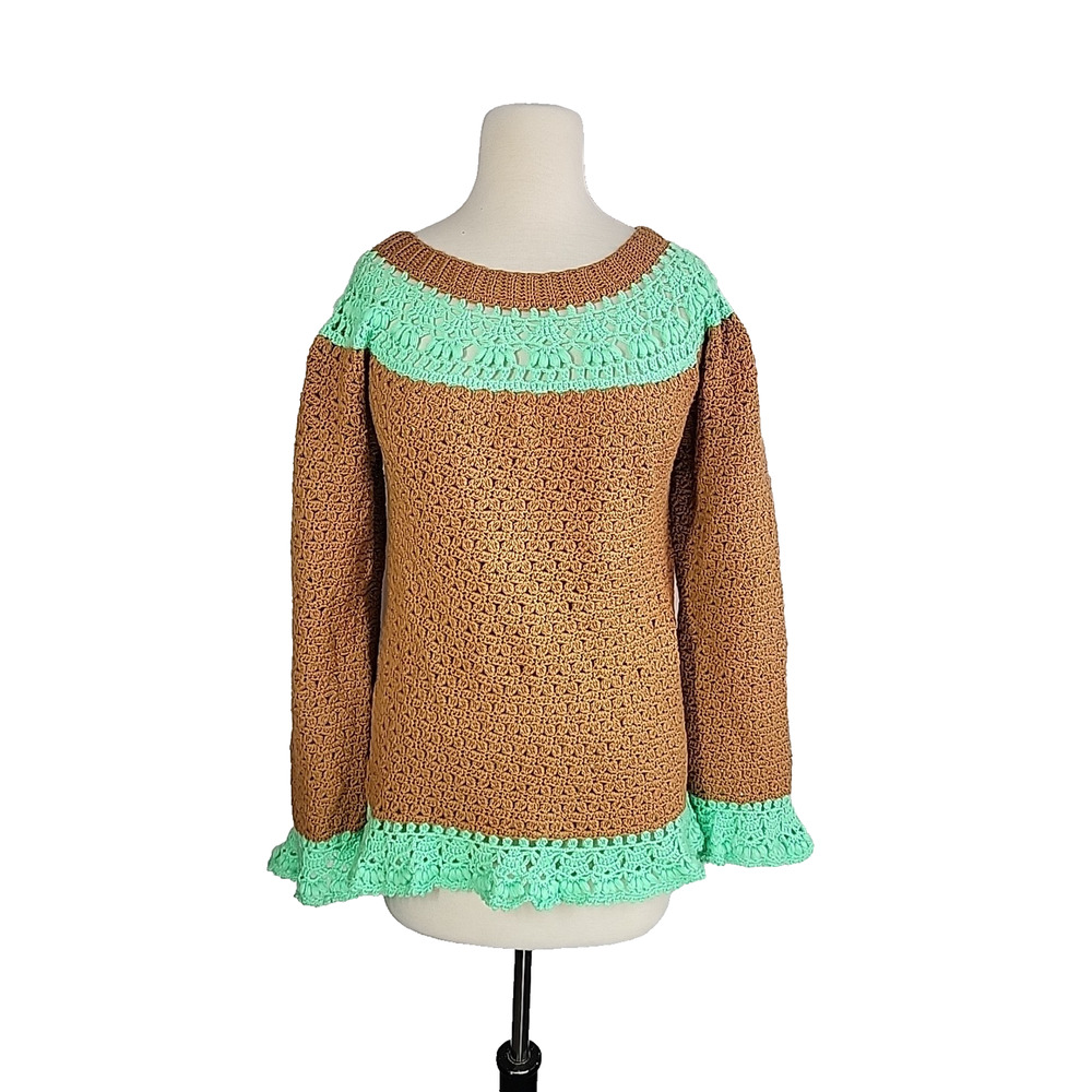 Crochet Open Knit Sweater Womens Small Brown Green Boho Retro Fairy Festival‎